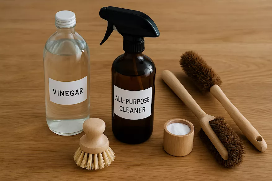 “Hållbara städprodukter utan plast – träborstar, glasflaskor och naturliga rengöringsmedel på träbord symboliserar miljövänlig och plastfri städning i hemmet”